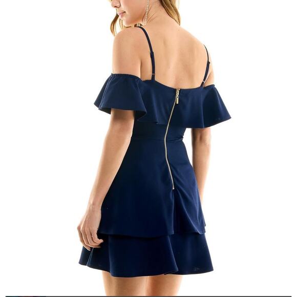 Navy Juniors Womens Ruffled Off-The-Shoulder Cocktail and Party Dress - Picture 2 of 6